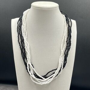 Vintage Multi-Strand Black White Glass Seed Retro Beaded Necklace -‎ Size 20"